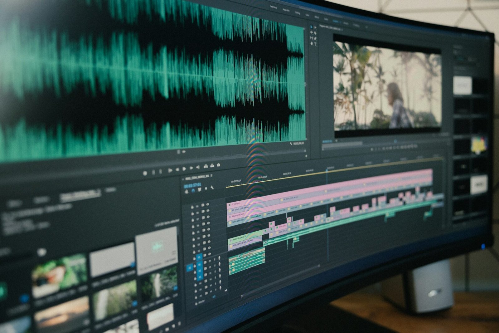 Editing timeline with video and audio tracks on a monitor